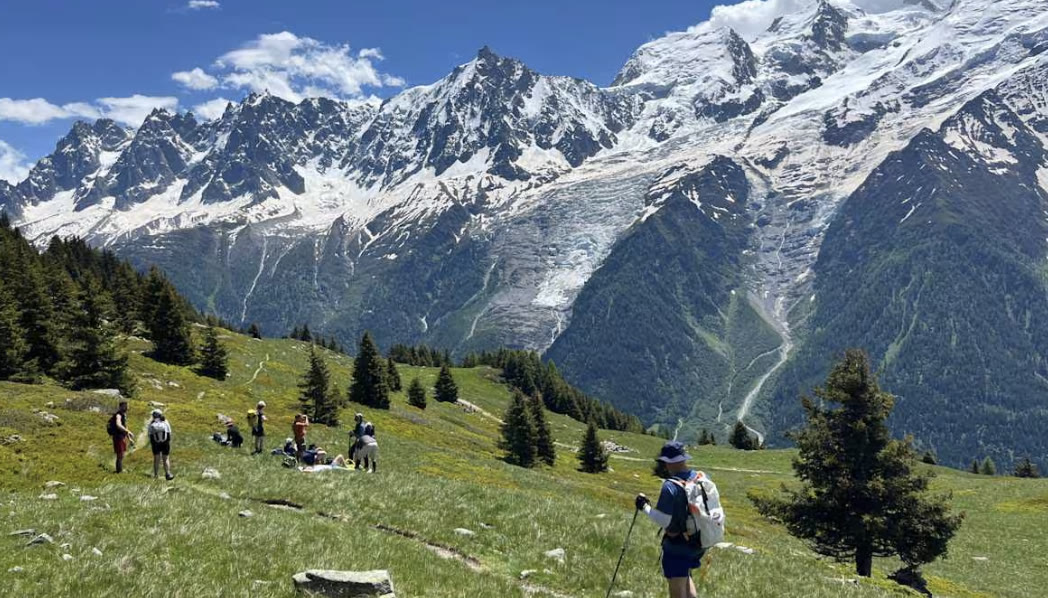 Trekkers crossing an alpine meadow below the glaciers of Mont Blanc