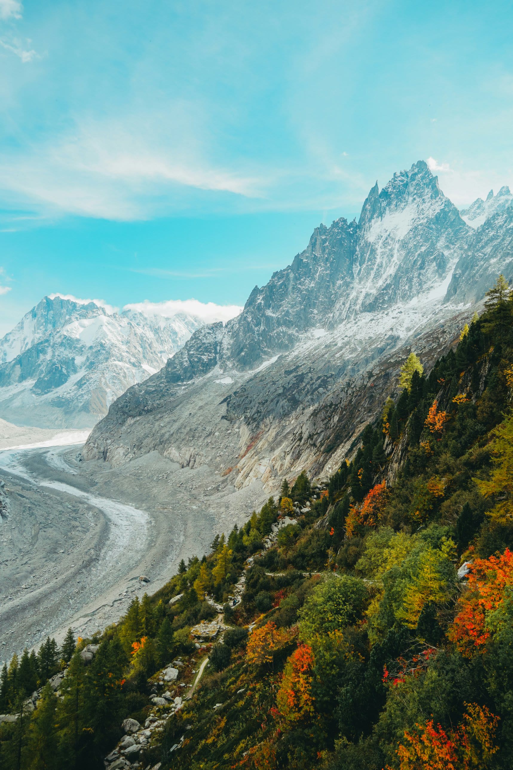 The Mer de Glace glacier below the Aiguilles, with fall color on the slopes